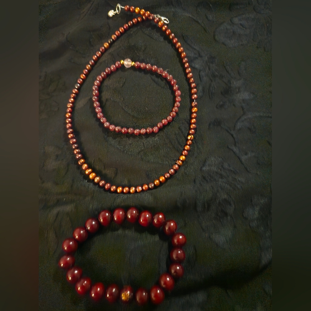 Garnet Stone Necklace And Bracelet With Wood Bracelet.